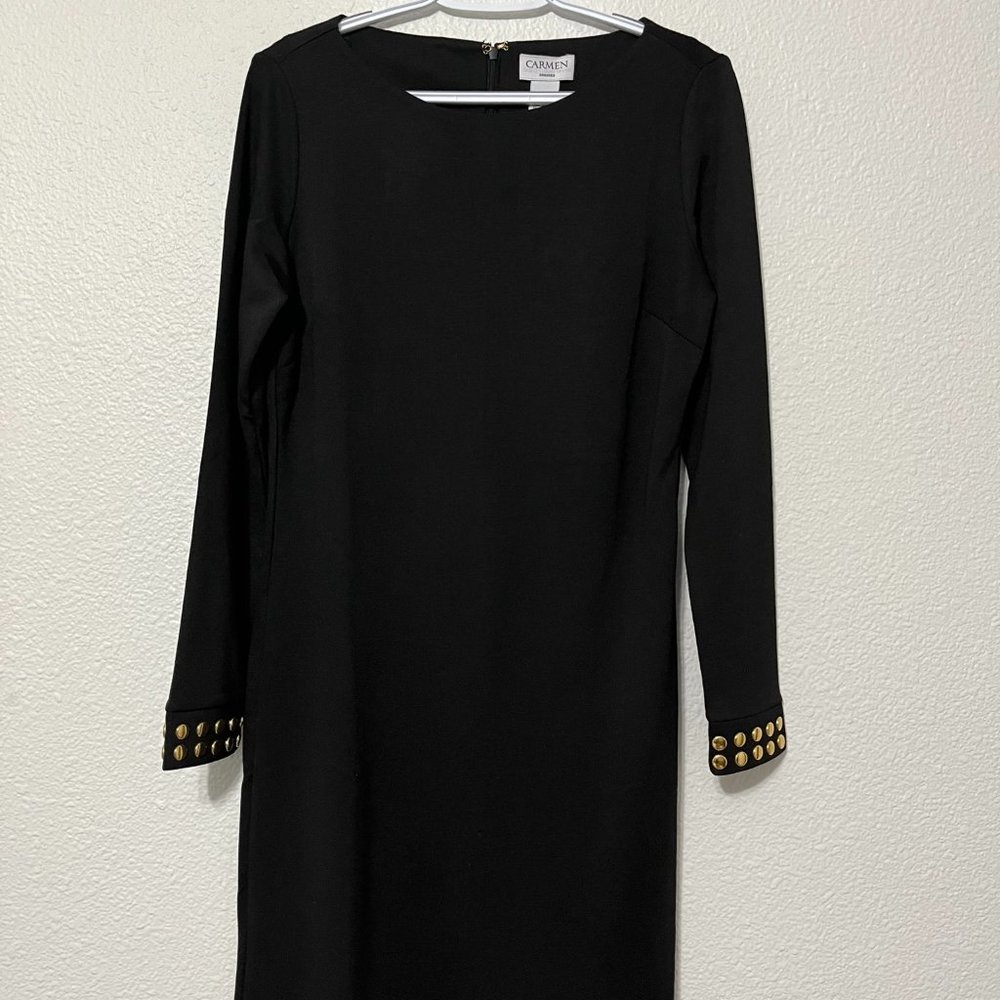 Black Ponte Pencil Dress with Gold-Studded Cuffs Size S by Carmen Marc Valvo